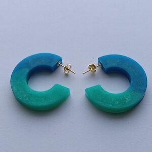 Blue and aqua resin hoop earrings